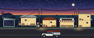 Pixel-art Woolgoolga street at dusk: Mac carrying an outdoor aircon unit past cutaway houses, his ute parked out front
